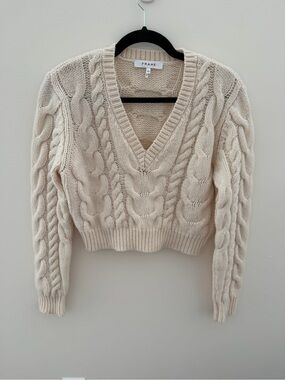 Frame Denim Ivory Cable V-Neck Sweater